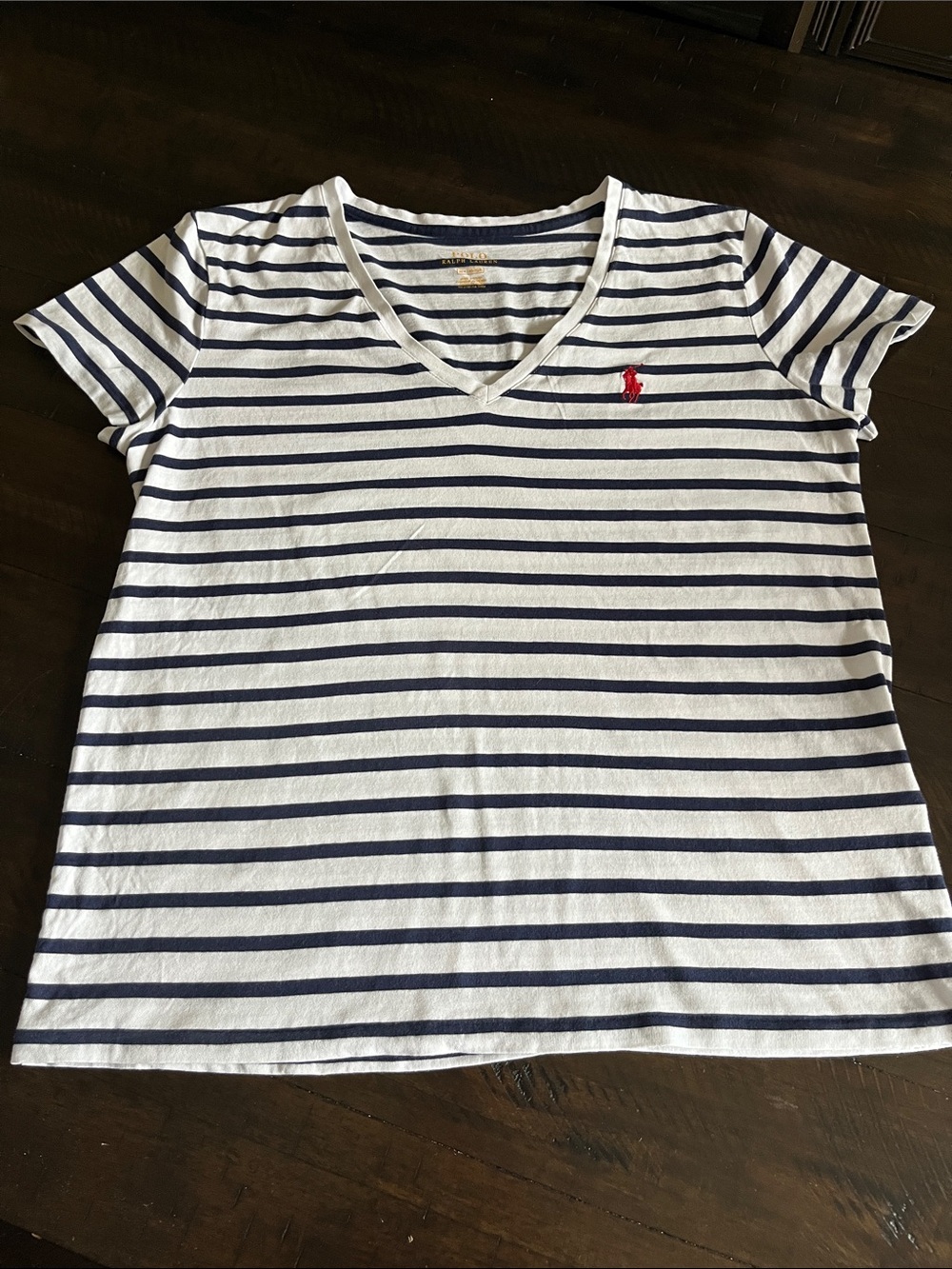 Polo by Ralph Lauren White & Navy Striped V‑Neck Tee with Red Pony